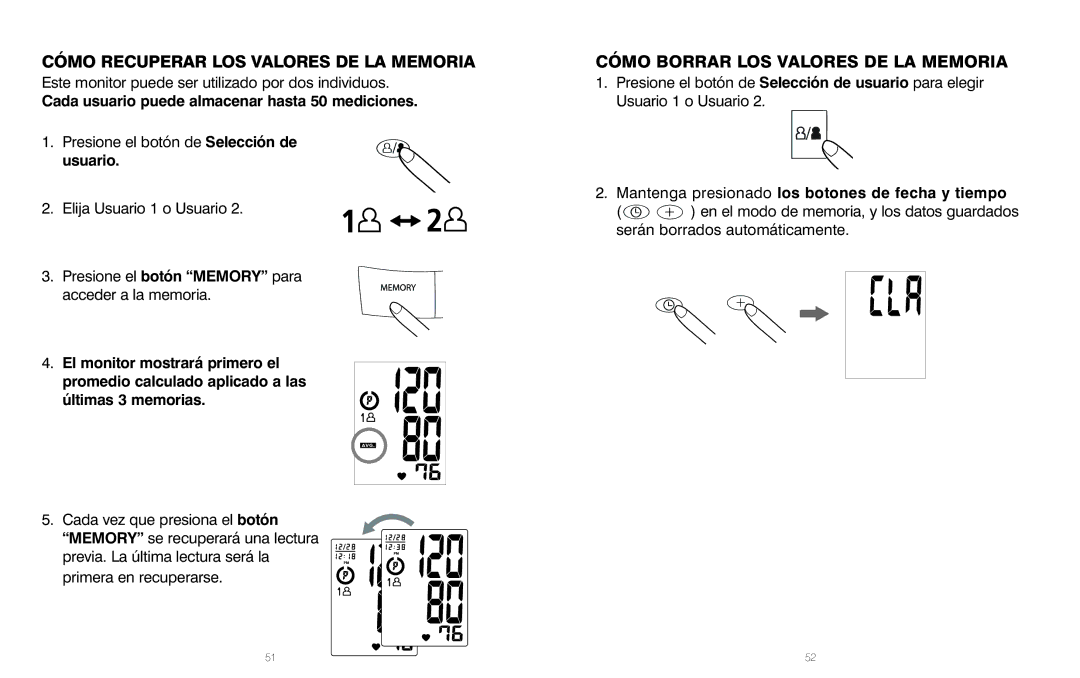 HoMedics IB-BPA060A, PP-BPCUFF5, BPA-060 Cómo Recuperar LOS Valores DE LA Memoria, Cómo Borrar LOS Valores DE LA Memoria 