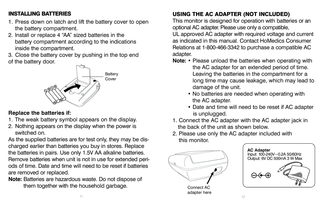 HoMedics PP-BPCUFF5, IB-BPA060A, BPA-060 Installing Batteries, Replace the batteries if, Using the AC Adapter not Included 