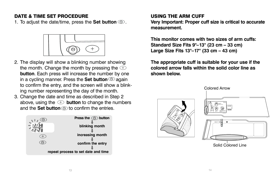 HoMedics BPA-060, IB-BPA060A, PP-BPCUFF5 manual Date & Time SET Procedure Using the ARM Cuff, Colored Arrow 