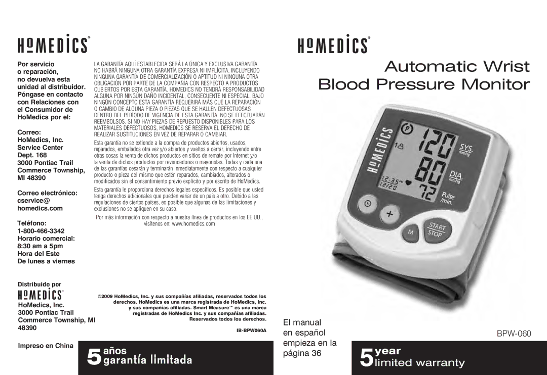 HoMedics BPW-060, IB-BPW060A manual Automatic Wrist Blood Pressure Monitor 