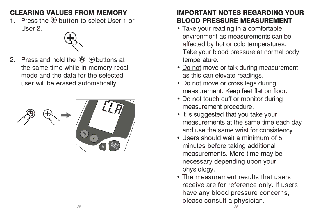 HoMedics IB-BPW060A, BPW-060 manual Clearing Values from Memory, Important Notes Regarding YOuR BLOod Pressure Measurement 