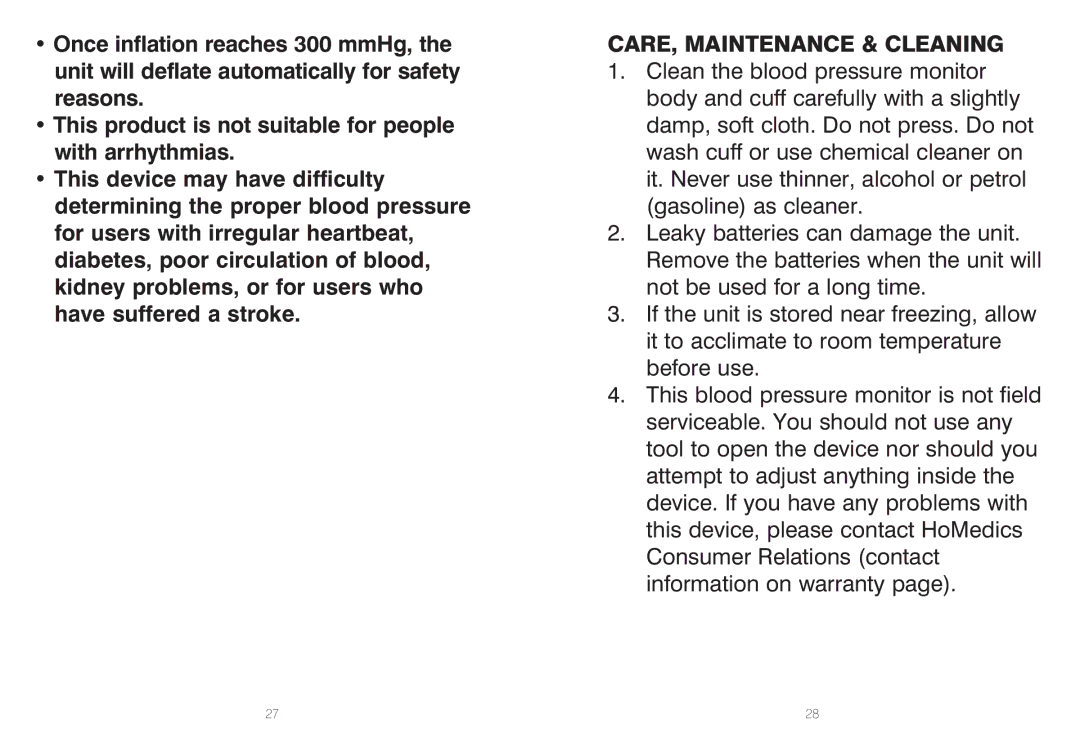 HoMedics BPW-060, IB-BPW060A manual CARE, Maintenance & Cleaning 