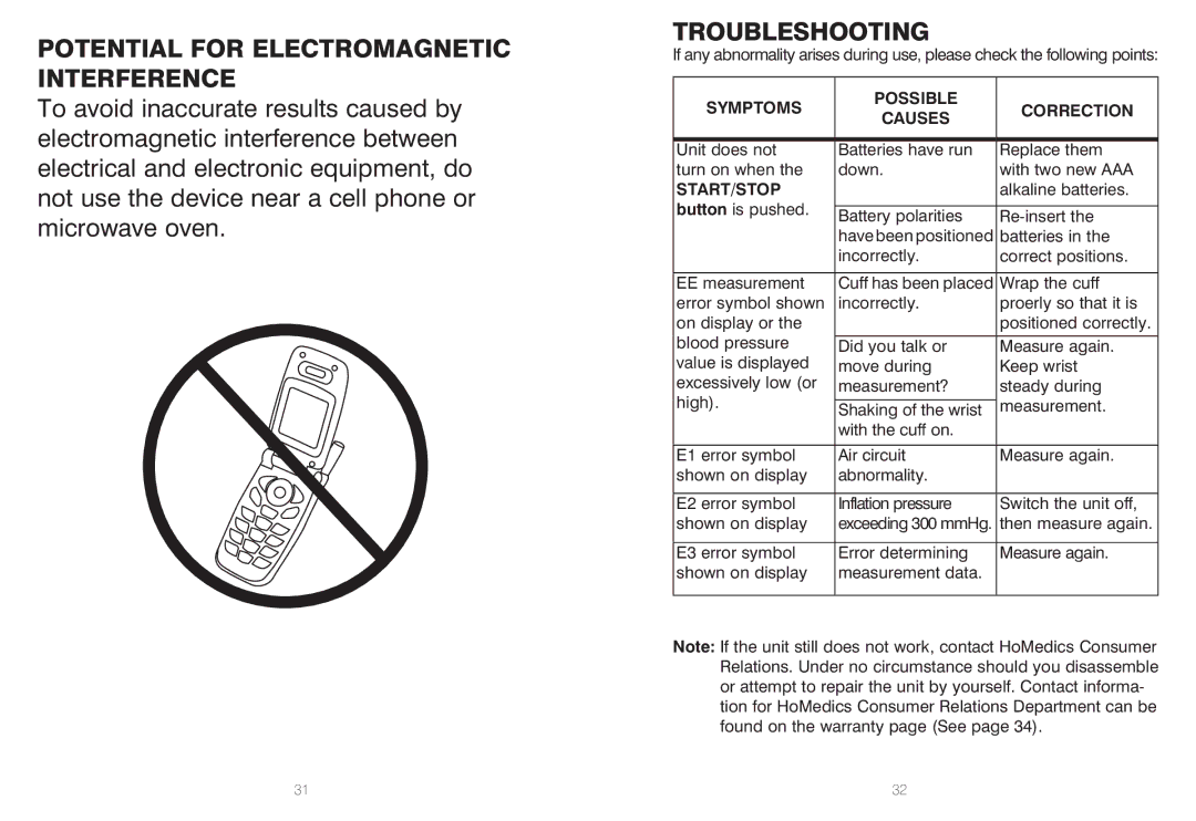 HoMedics BPW-060, IB-BPW060A manual Potential for Electromagnetic Interference, Start/Stop 