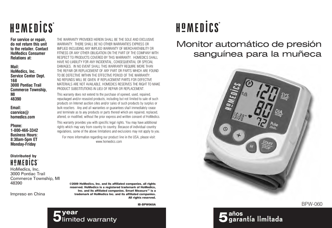 HoMedics BPW-060, IB-BPW060A manual Monitor automático de presión sanguínea para la muñeca 