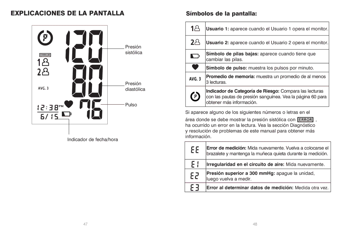 HoMedics BPW-060, IB-BPW060A manual Explicaciones DE LA Pantalla, Símbolos de la pantalla 