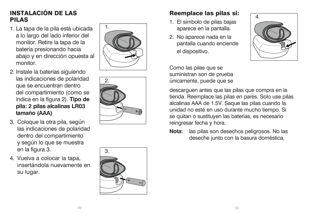 HoMedics IB-BPW060A, BPW-060 manual Instalación DE LAS Pilas, Reemplace las pilas si 