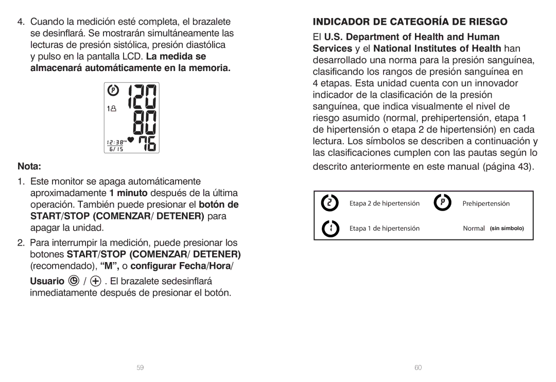 HoMedics BPW-060, IB-BPW060A manual Indicador DE Categoría DE Riesgo 