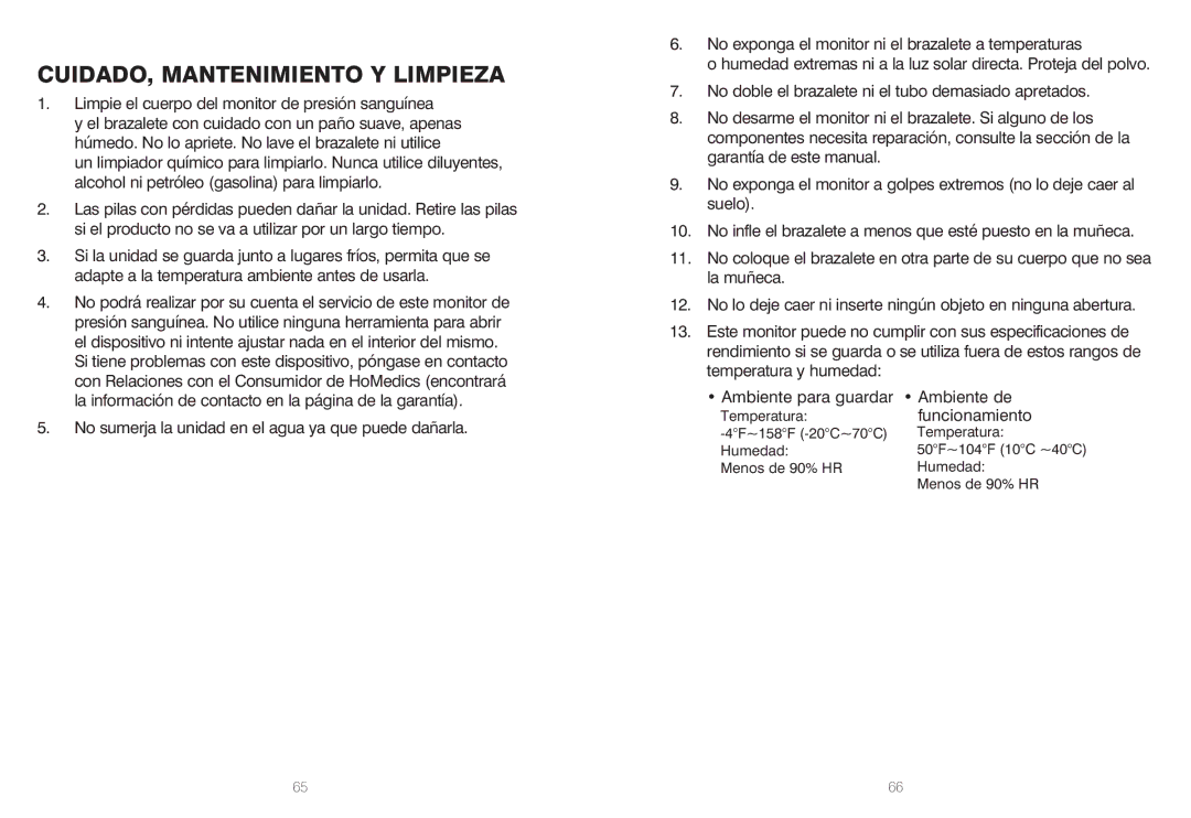 HoMedics IB-BPW060A, BPW-060 manual CUIDADO, Mantenimiento Y Limpieza, Limpie el cuerpo del monitor de presión sanguínea 