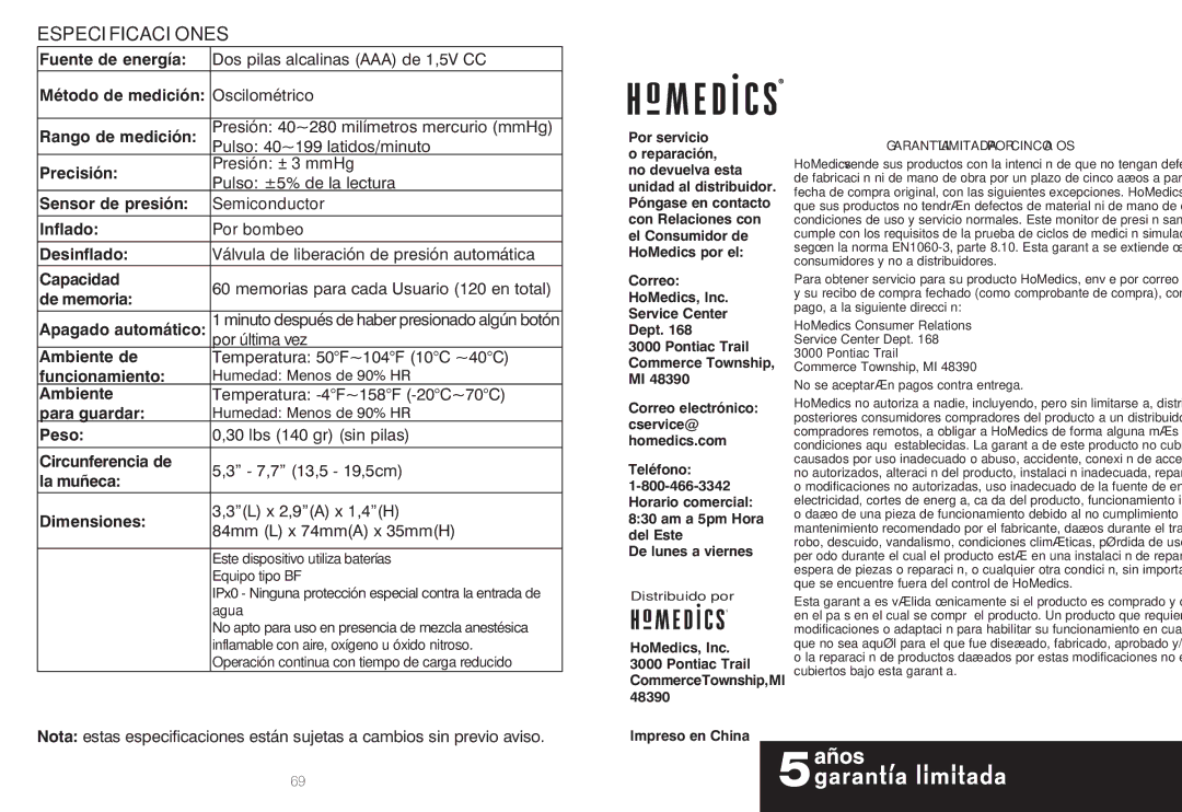 HoMedics IB-BPW060A, BPW-060 manual Especificaciones 