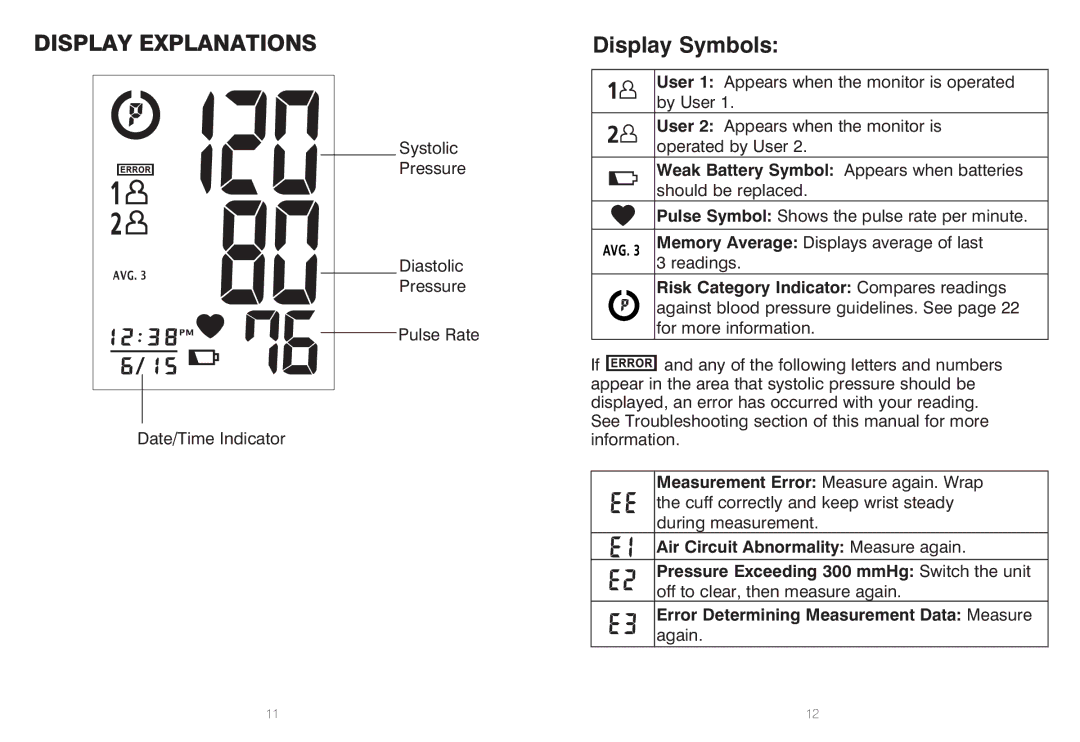 HoMedics BPW-060, IB-BPW060A manual Display Explanations, Display Symbols 