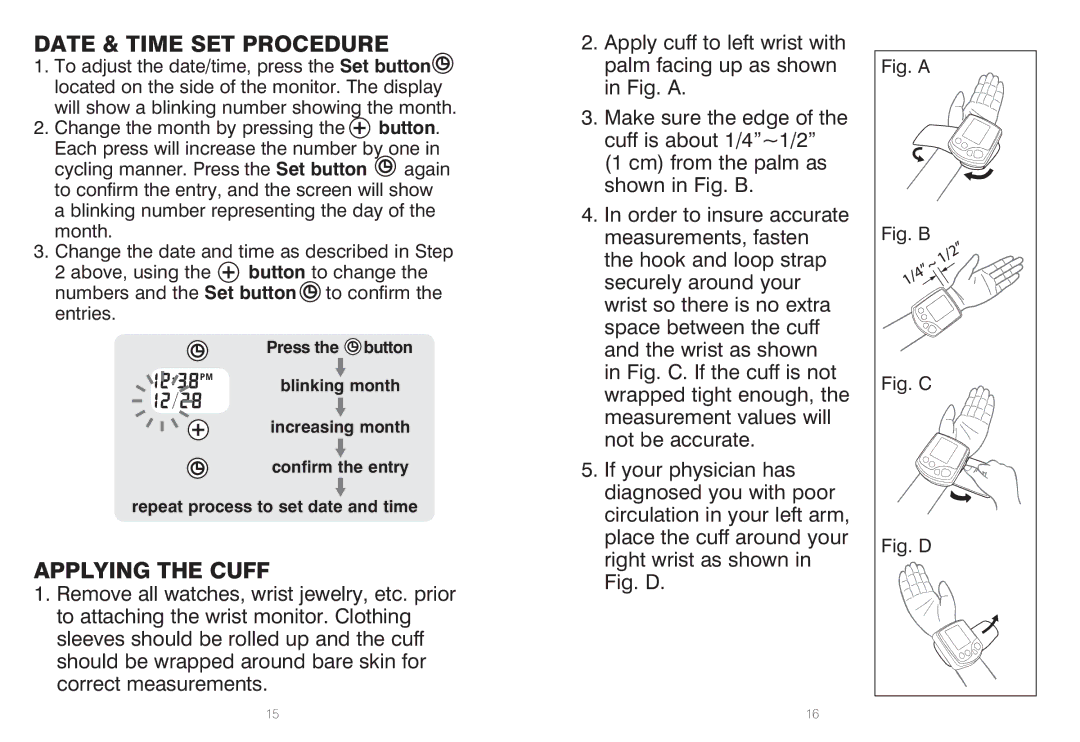 HoMedics BPW-060, IB-BPW060A manual Date & Time SET Procedure, Fig. a 