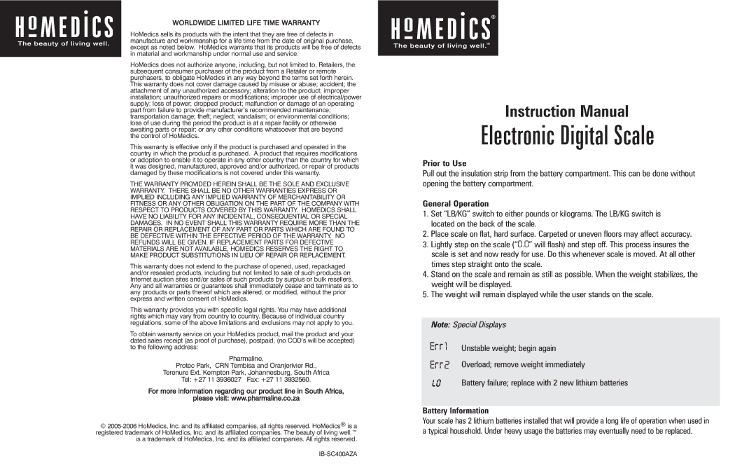 HoMedics IB-SC400AZA instruction manual Prior to Use, General Operation, Battery Information 