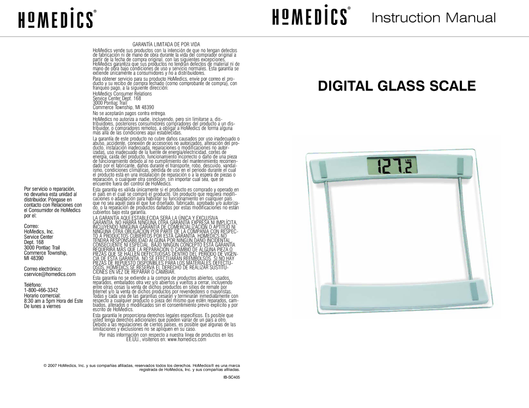 HoMedics IB-SC405 instruction manual Digital Glass Scale, Garantía Limitada DE POR Vida, Teléfono 