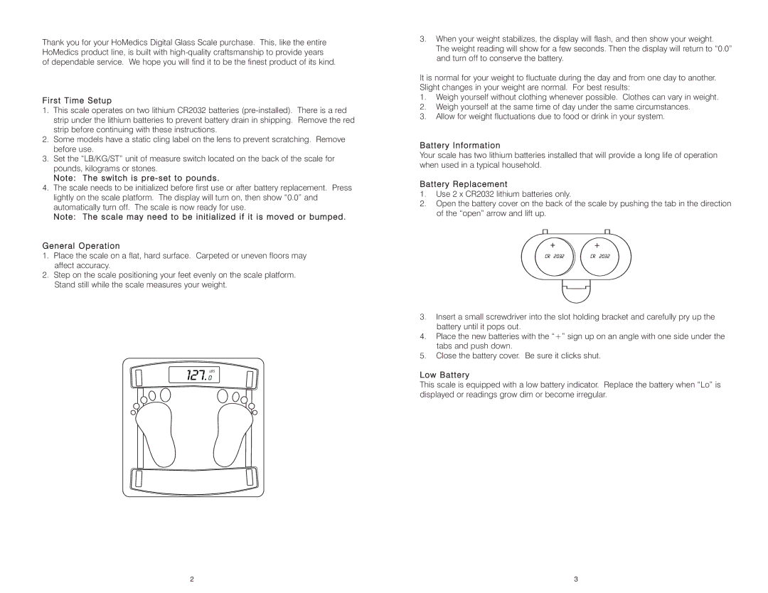 HoMedics IB-SC405 First Time Setup, General Operation, Battery Information, Battery Replacement, Low Battery 