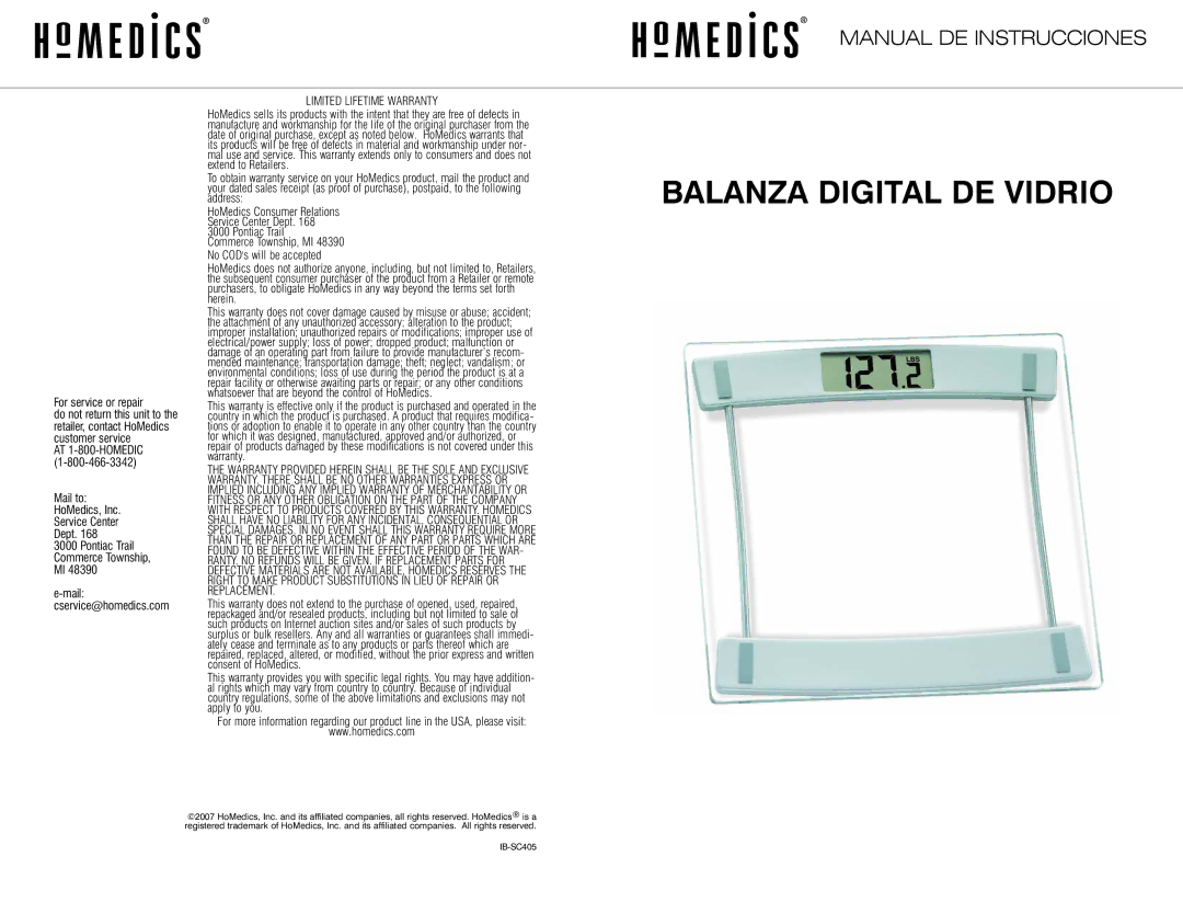 HoMedics IB-SC405 instruction manual Balanza Digital DE Vidrio, For service or repair, Limited Lifetime Warranty 