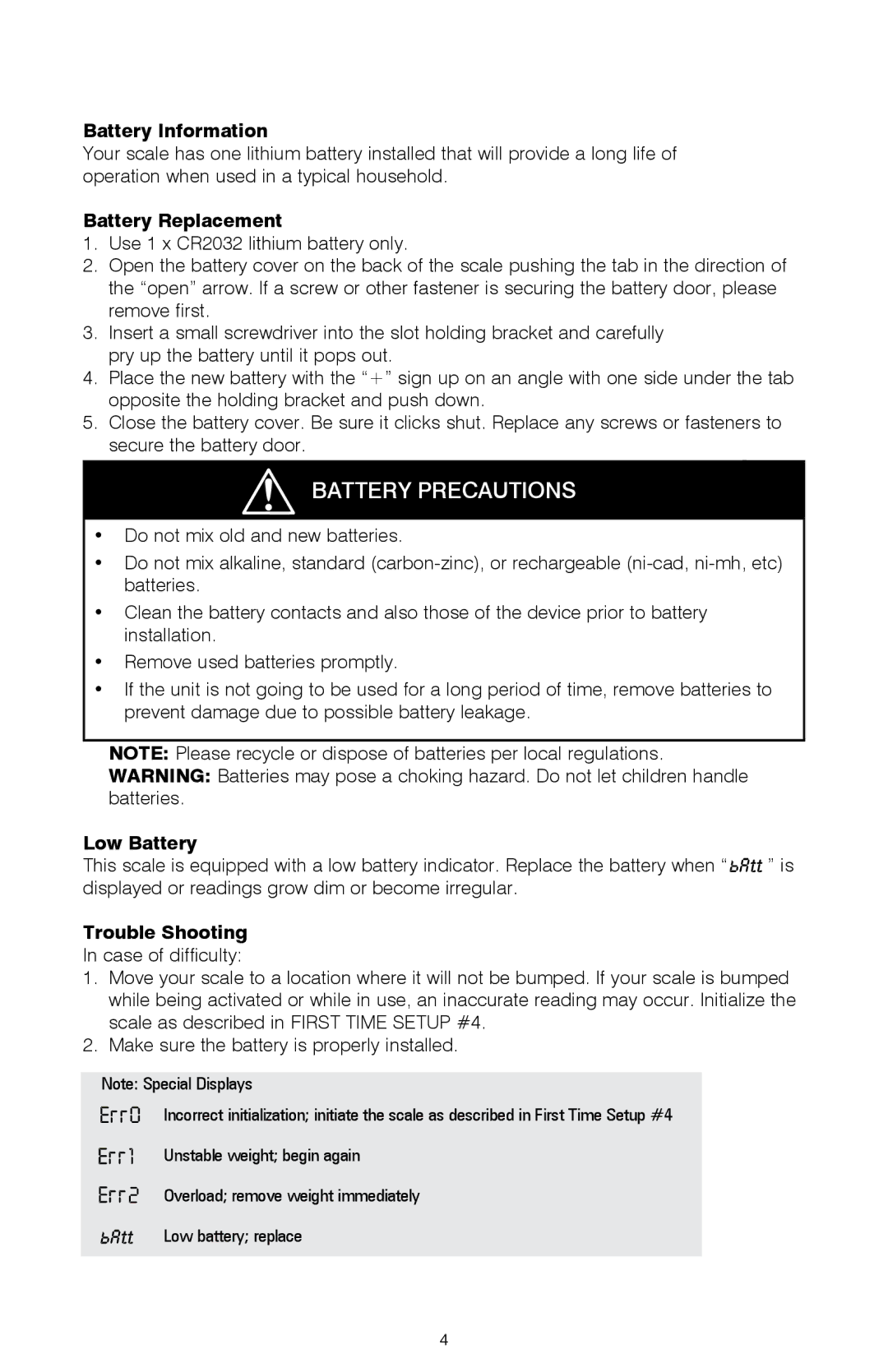 HoMedics IB-SC475 manual Battery Information, Battery Replacement, Low Battery, Trouble Shooting 