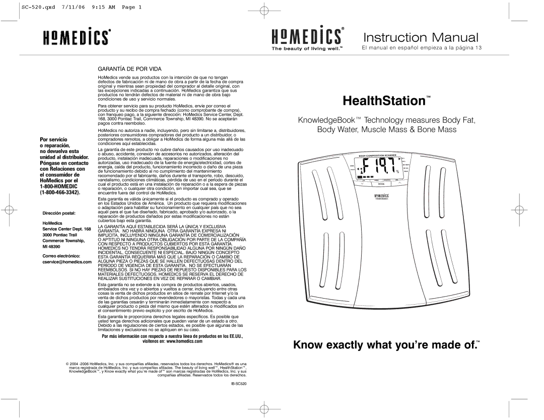 HoMedics IB-SC520 instruction manual Por servicio, Garantía DE POR Vida 