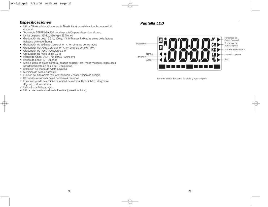 HoMedics IB-SC520 instruction manual Especificaciones, Pantalla LCD 