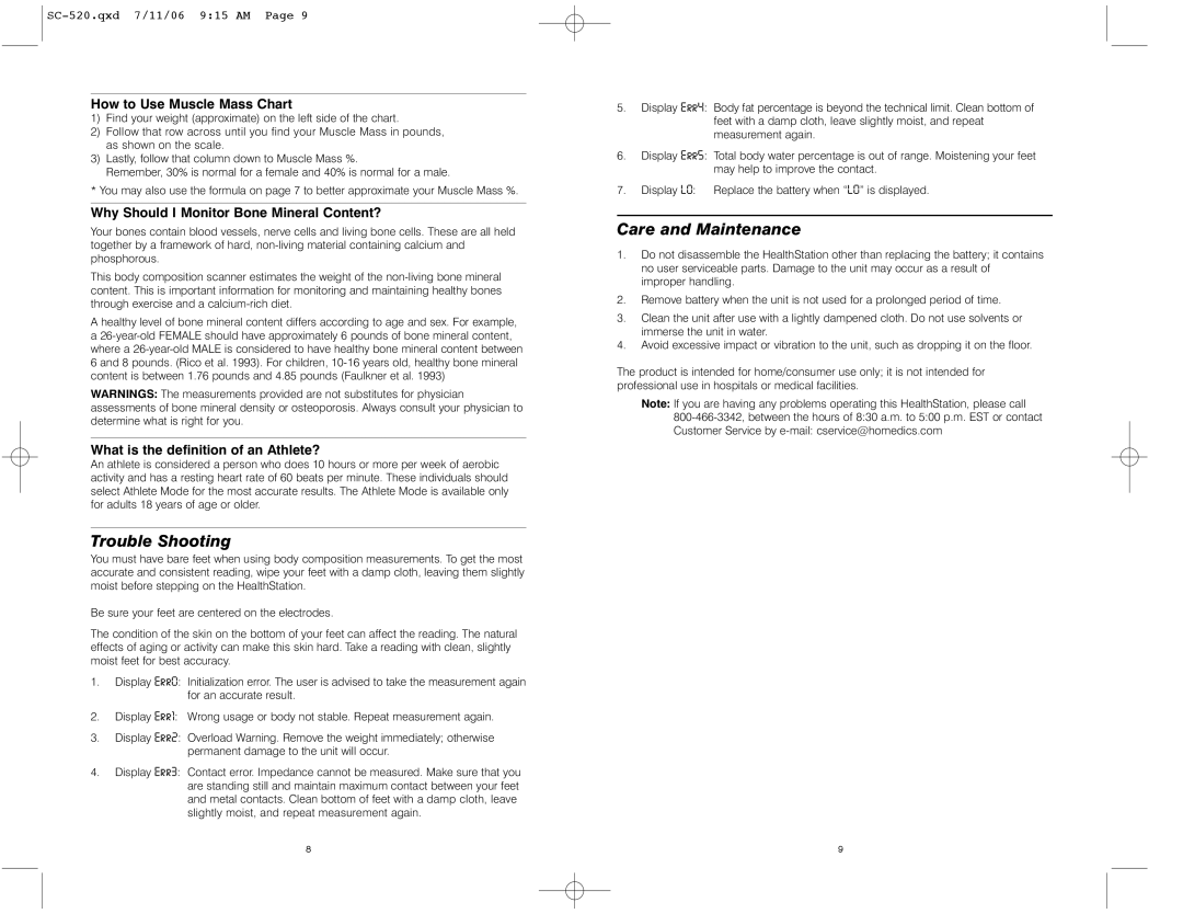 HoMedics IB-SC520 instruction manual Trouble Shooting, Care and Maintenance, How to Use Muscle Mass Chart 