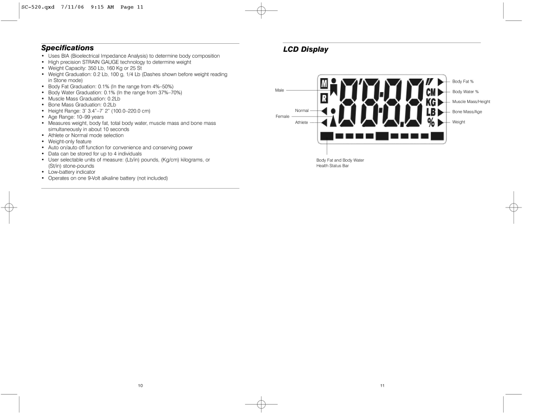 HoMedics IB-SC520 instruction manual Specifications, LCD Display 