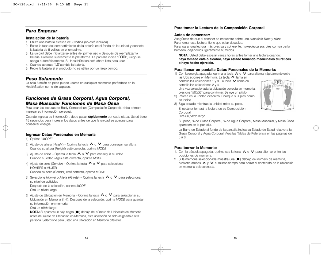 HoMedics IB-SC520 instruction manual Para Empezar, Peso Solamente 