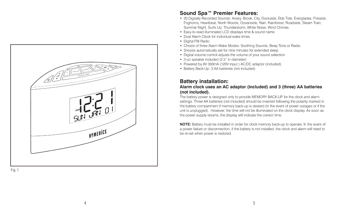 HoMedics IB-SS5020 instruction manual Sound Spa Premier Features, Battery installation 