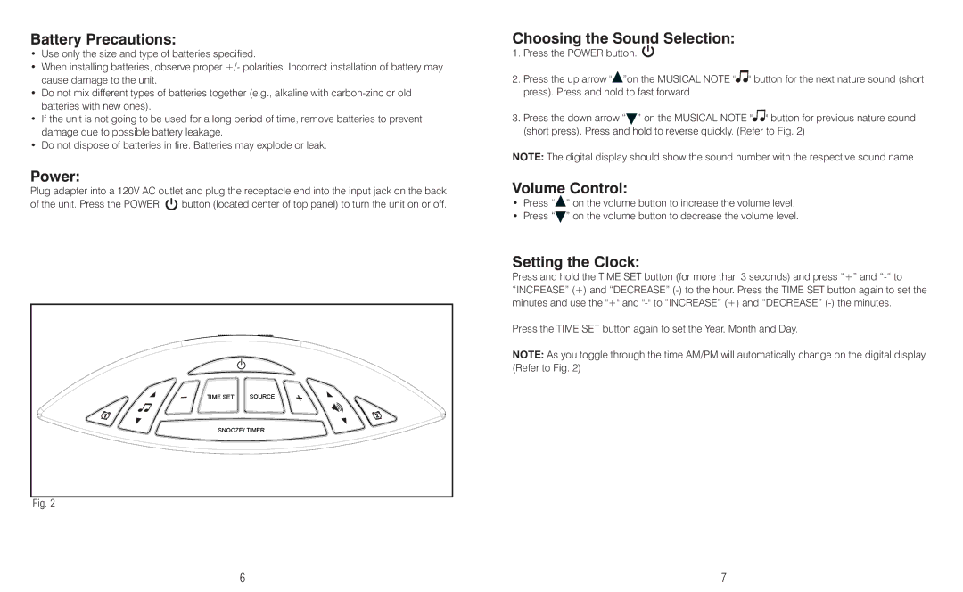 HoMedics IB-SS5020 Battery Precautions, Power, Choosing the Sound Selection, Volume Control, Setting the Clock 