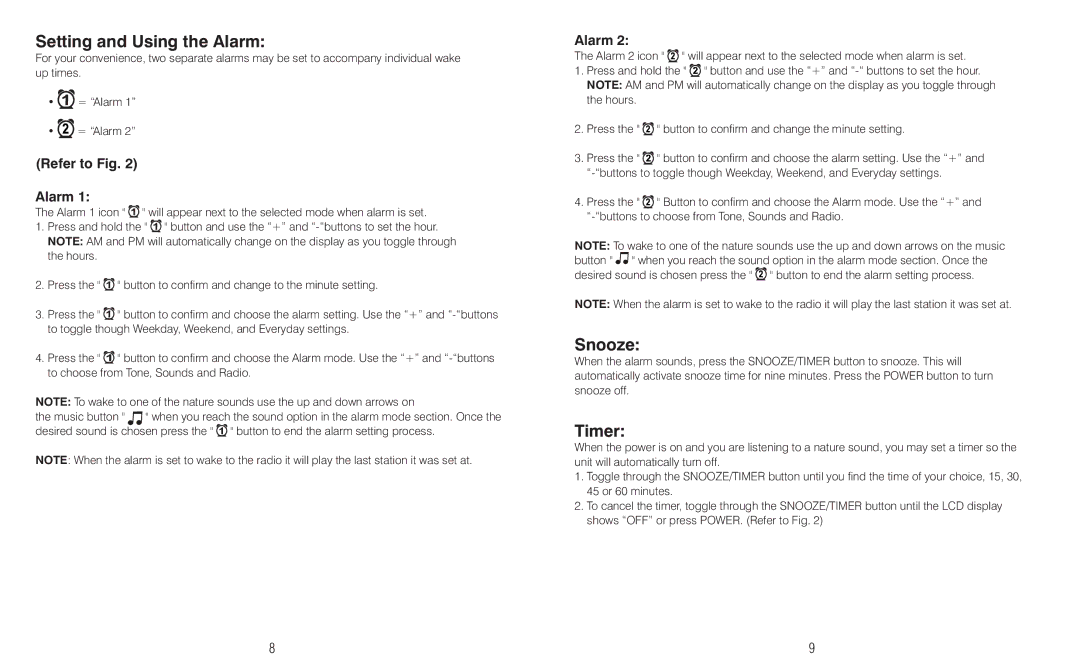 HoMedics IB-SS5020 instruction manual Setting and Using the Alarm, Snooze, Timer, Refer to Fig Alarm 