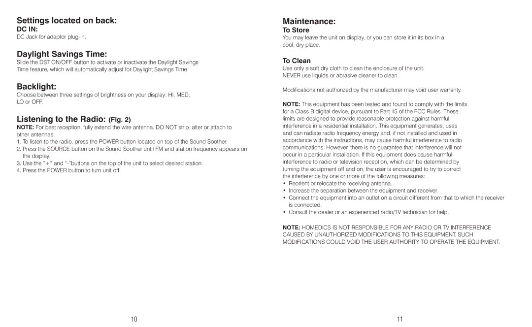 HoMedics IB-SS5020 Settings located on back, Daylight Savings Time, Backlight, Listening to the Radio Fig, Maintenance 