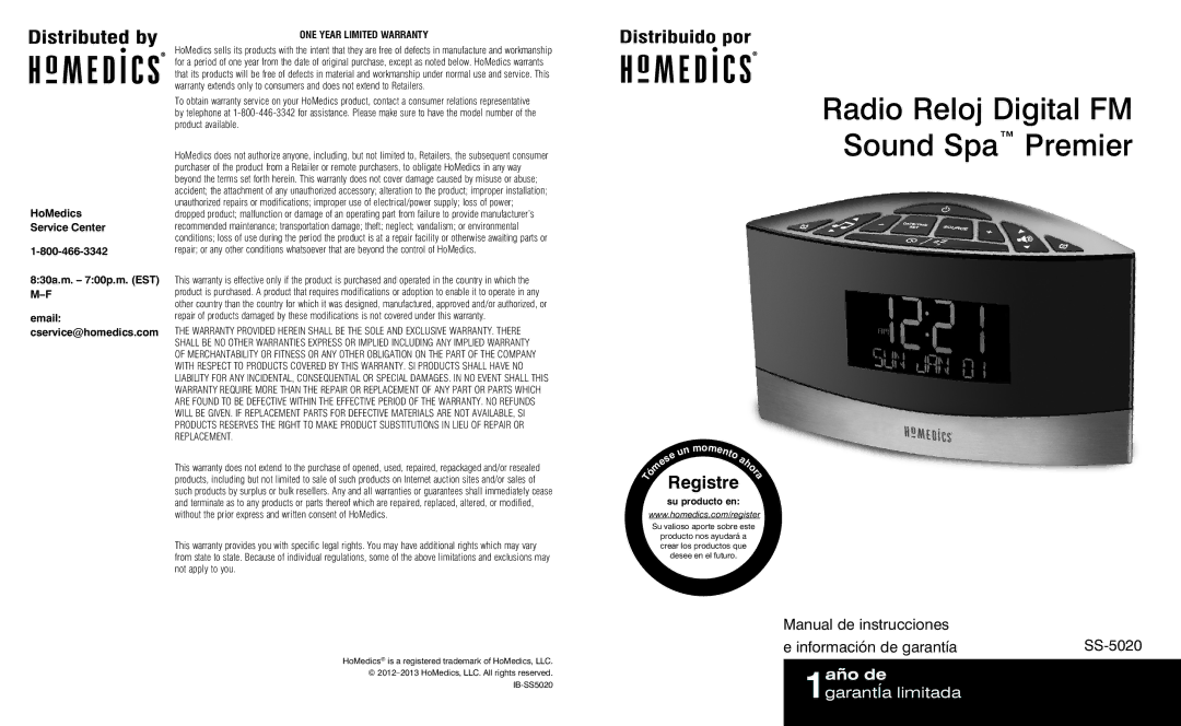 HoMedics IB-SS5020 instruction manual Radio Reloj Digital FM Sound Spa Premier 