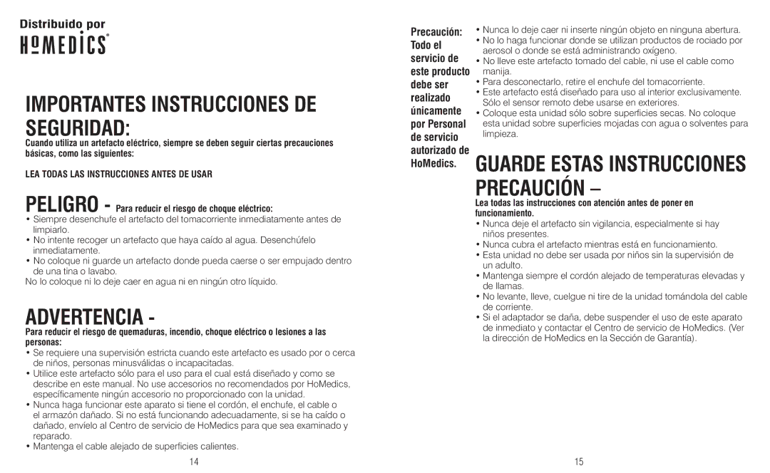 HoMedics IB-SS5020 instruction manual Advertencia 