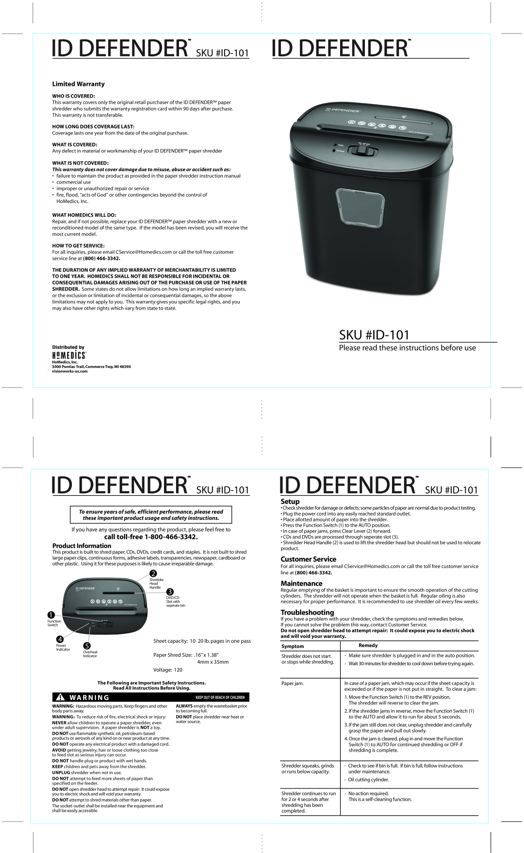 HoMedics warranty ID DEFENDER SKU #ID-101, Id Defender, SKU #ID-101 ID DEFENDER, call toll-free, Setup, Maintenance 