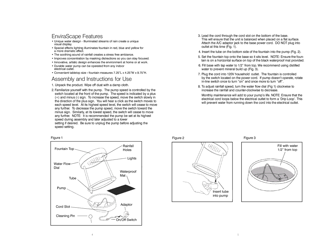 HoMedics Indoor Fountain instruction manual EnviraScape Fe a t u r e s, Assembly and Instructions for Use 