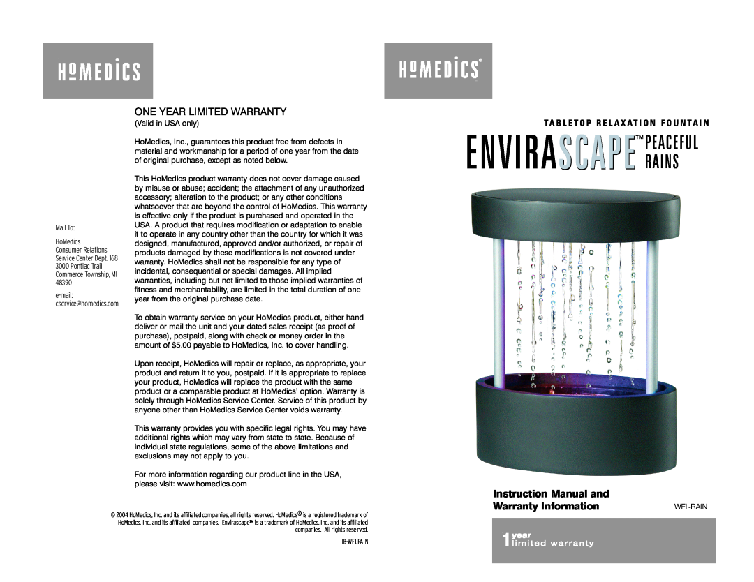 HoMedics Indoor Fountain instruction manual P E A C E F U L, One Year Limited Warranty, Warranty Information 