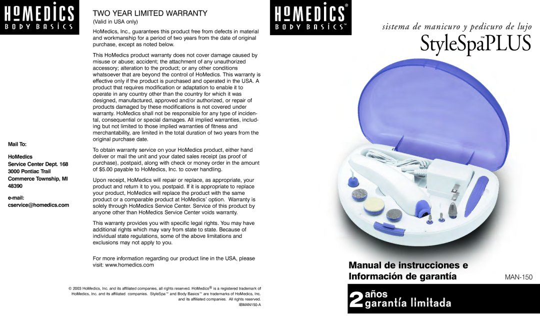 HoMedics MAN-150 instruction manual Manual de instrucciones e Información de garantía, TWO Year Limited Warranty 