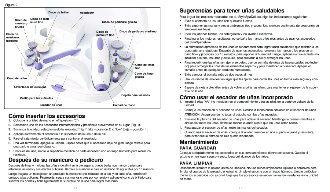 HoMedics MAN-170 Cómo insertar los accesorios, Después de su manicuro o pedicuro, Sugerencias para tener uñas saludables 