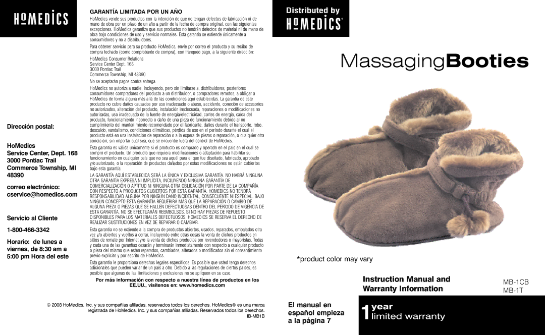 HoMedics MB-1T, MB-1CB instruction manual MassagingBooties, Warranty Information, Servicio al Cliente 