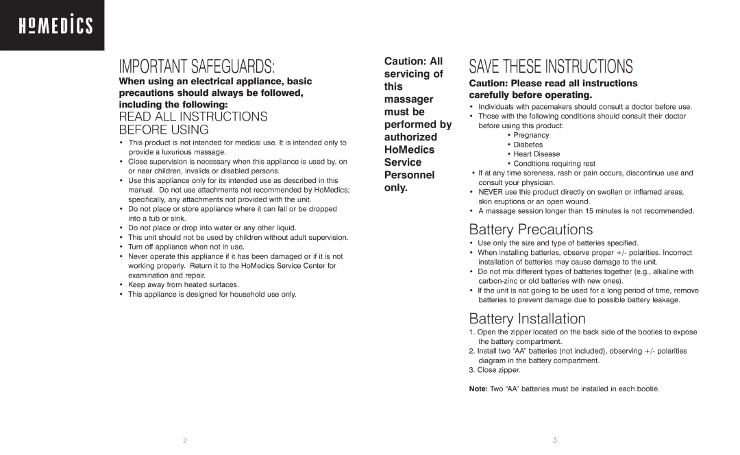 HoMedics MB-1CB, MB-1T instruction manual Battery Precautions, Battery Installation 