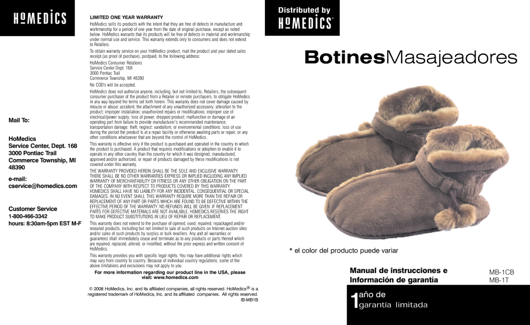 HoMedics MB-1CB, MB-1T BotinesMasajeadores, Manual de instrucciones e, Información de garantía, Customer Service 