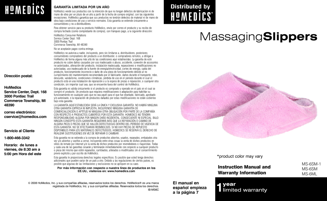 HoMedics MS-6SM-1, MS-6ML instruction manual Warranty Information, Servicio al Cliente, Garantía Limitada POR UN AÑO 