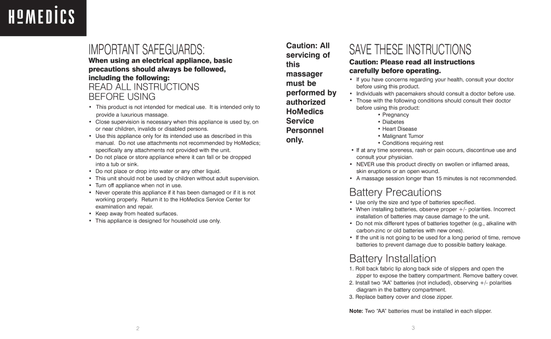 HoMedics MS-6ML, MS-6SM-1 instruction manual Battery Precautions, Battery Installation 