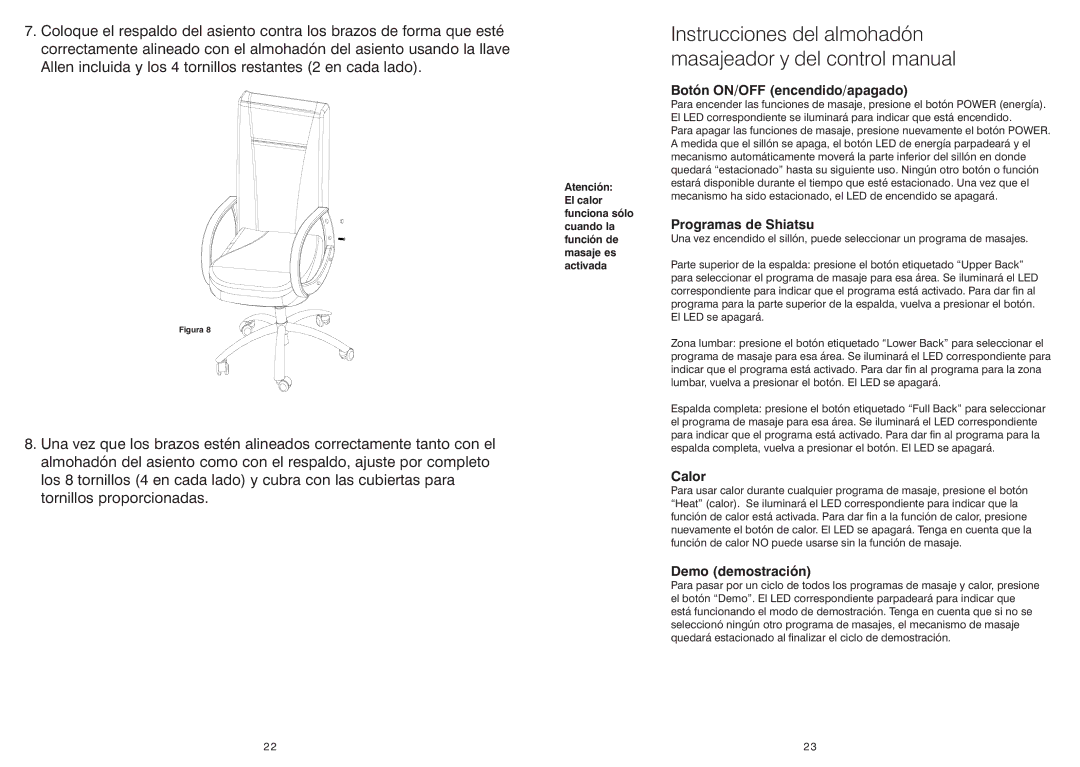 HoMedics OCTS-200 instruction manual Botón ON/OFF encendido/apagado, Programas de Shiatsu, Calor, Demo demostración 