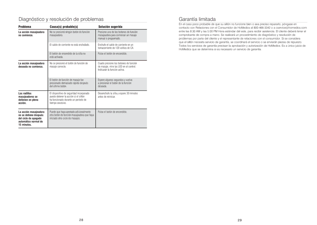 HoMedics OCTS-200 instruction manual Diagnóstico y resolución de problemas, Garantía limitada 