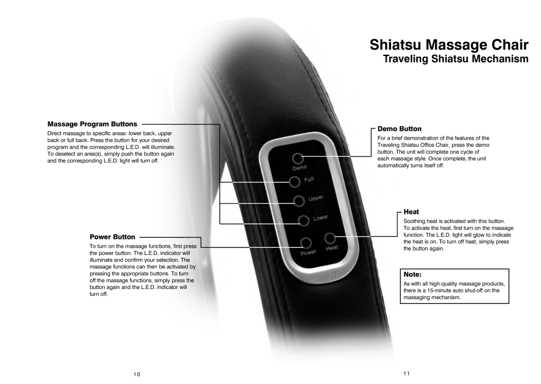 HoMedics OCTS-200 instruction manual Massage Program Buttons, Power Button, Demo Button 