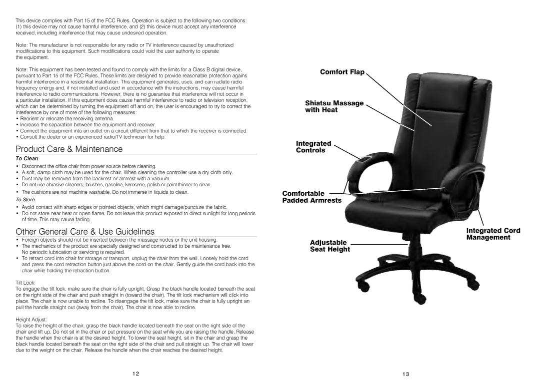 HoMedics OCTS-200 instruction manual Product Care & Maintenance, Other General Care & Use Guidelines 