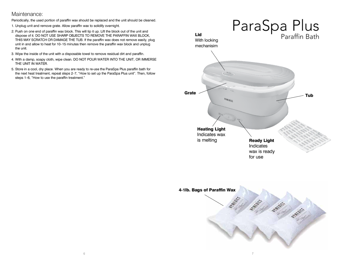 HoMedics PAR-300 instruction manual Maintenance, Indicates wax is ready for use 