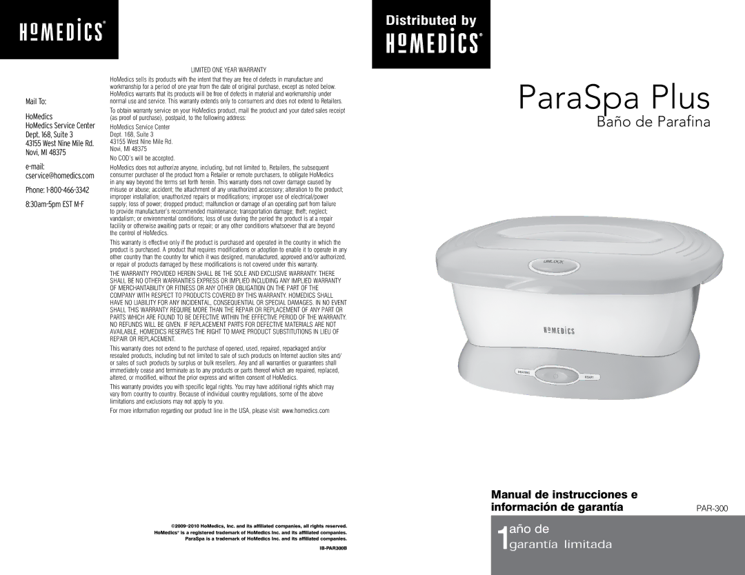 HoMedics PAR-300 instruction manual Baño de Parafina, Mail To HoMedics, Limited one Year Warranty 