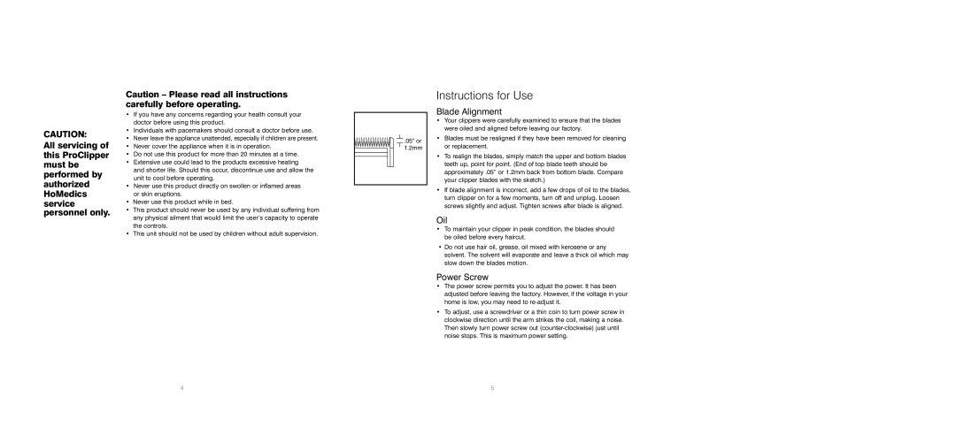 HoMedics PC-400 instruction manual Instructions for Use, Blade Alignment, Oil, Power Screw 