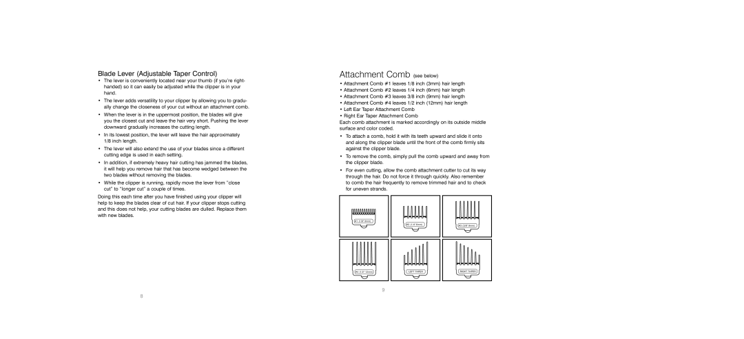 HoMedics PC-400 instruction manual Attachment Comb see below, Blade Lever Adjustable Taper Control 