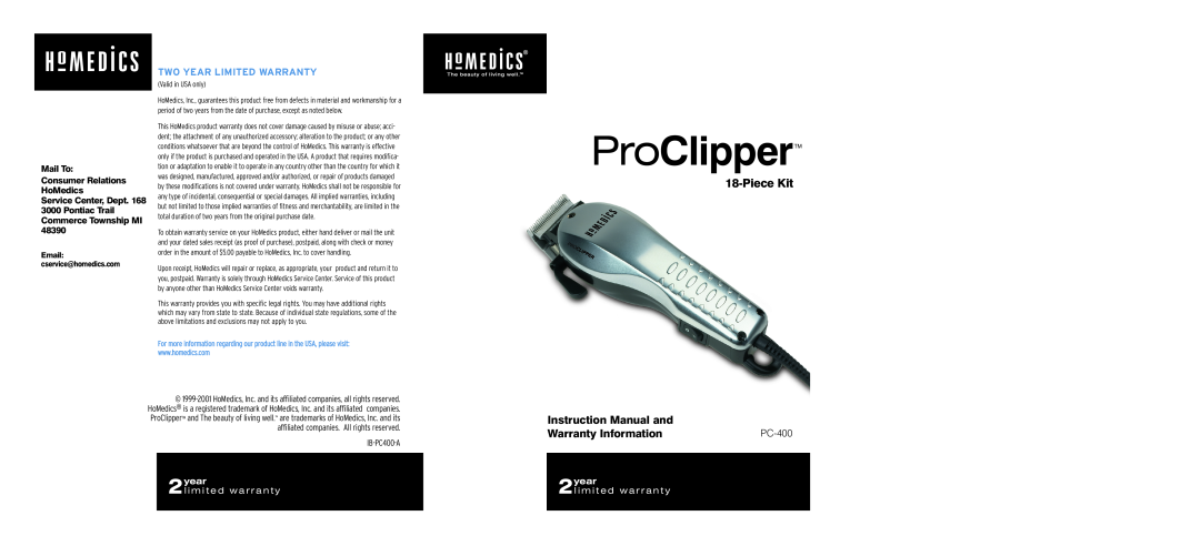 HoMedics PC-400 instruction manual ProClipperTM, PieceKit, Two Year Limited Warranty, IB-PC400-A, 2year, limited warranty 